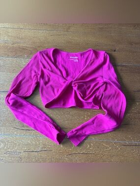 Garage Hot Pink Ribbed Twist-Front Long Sleeve Crop Top